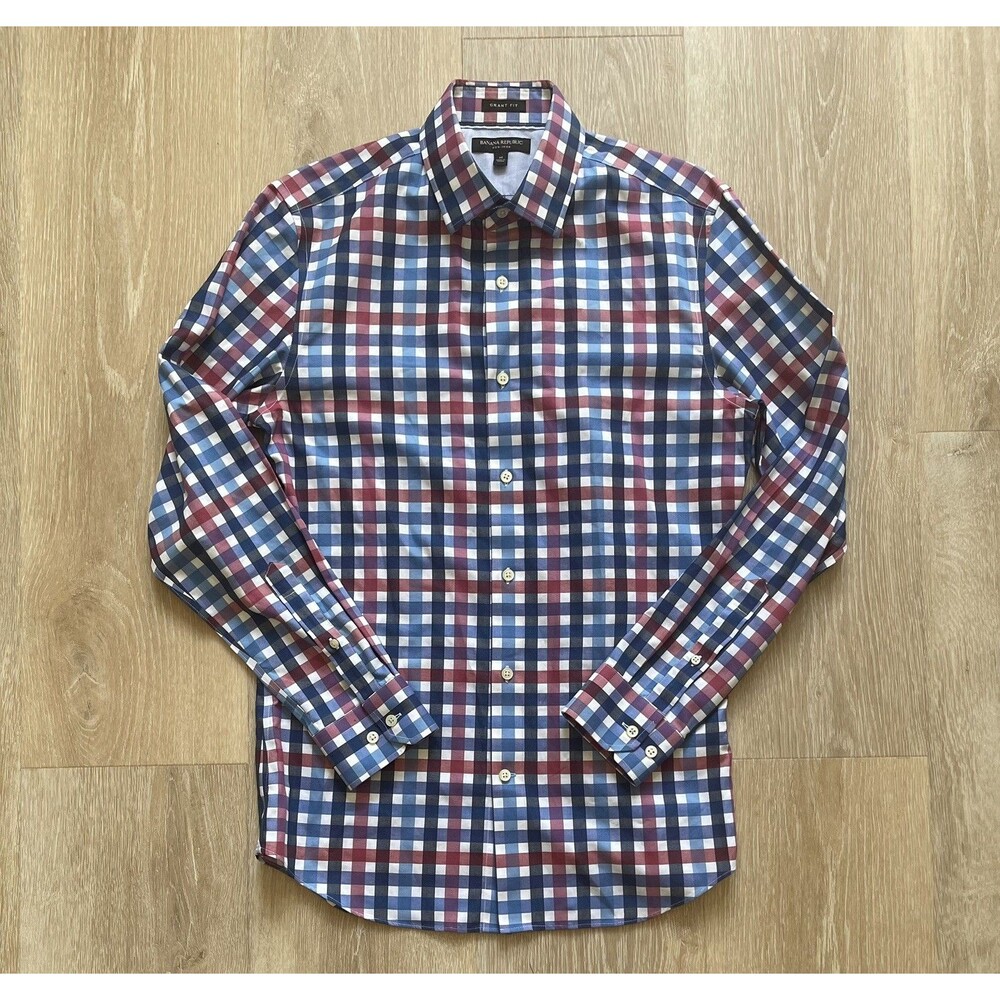 Banana Republic Grant Fit Plaid Button Down Shirt Men’s M Red Navy Cotton